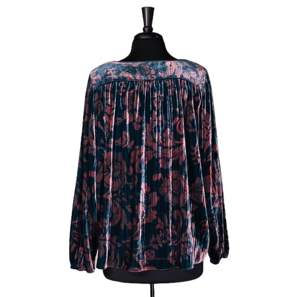 Anthropologie Women's Blouse Teal Peach Floral Velvet Oversized Tie Front Top L - Picture 2 of 10